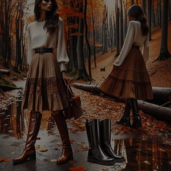 Comment marier des bottes cavalières avec une jupe trapèze pour une promenade automnale en forêt ?